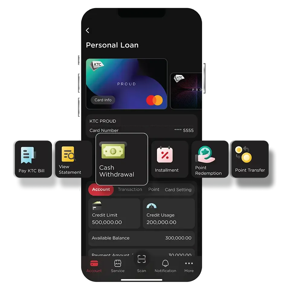 Select KTC Card then select<br> "Cash Withdrawal" Select KTC Card then select<br> "Cash Withdrawal"