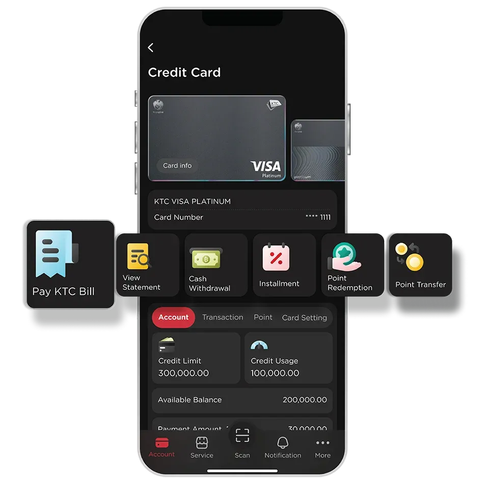 Select KTC Card <br>then select "Pay KTC Bill" Select KTC Card <br>then select "Pay KTC Bill"