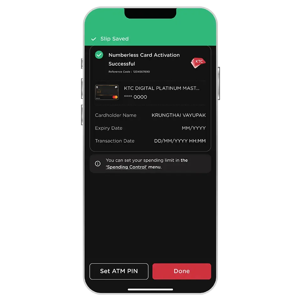 Numberless Card Activation successful Numberless Card Activation successful