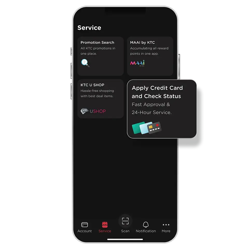 Select "Service" then select<br>"Apply Credit Card and Check Status" Select "Service" then select<br>"Apply Credit Card and Check Status"