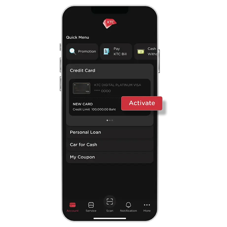Select KTC Card<br> then select "Activate" Select KTC Card<br> then select "Activate"