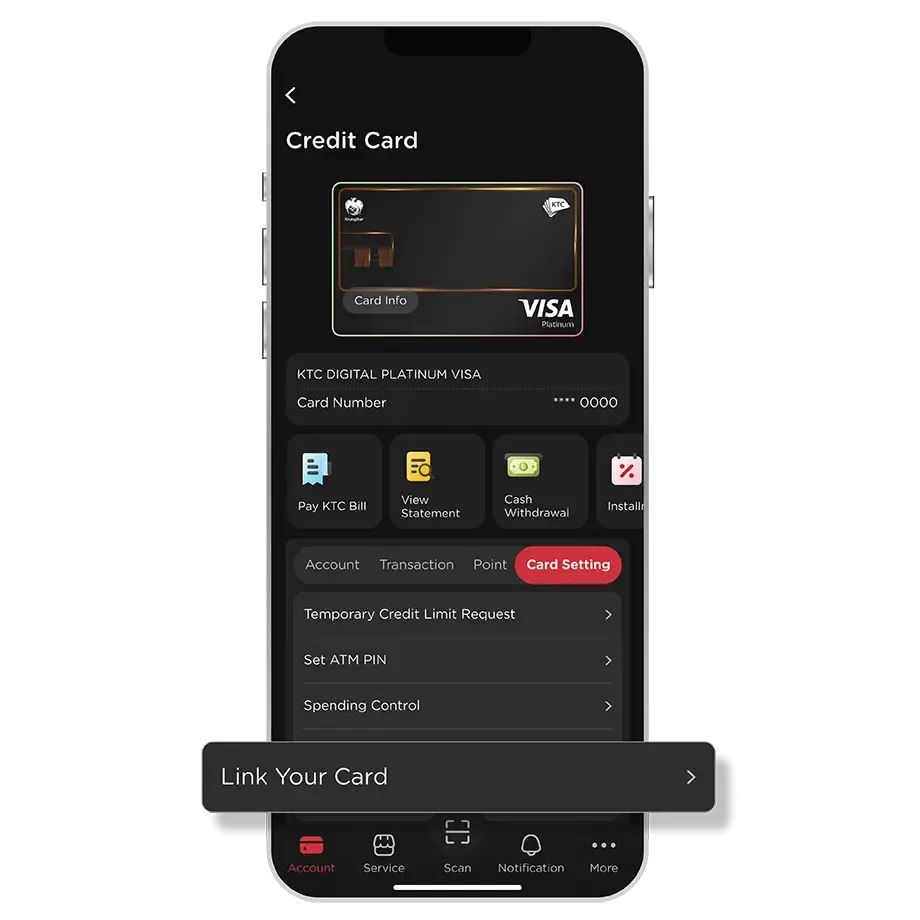 Select KTC Card and "Card Setting" <br>then select "Link Your Card" Select KTC Card and "Card Setting" <br>then select "Link Your Card"