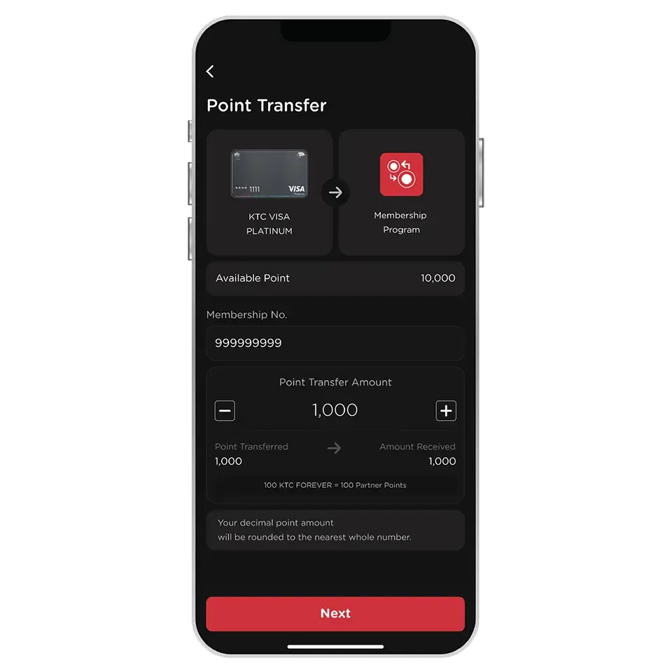 Enter membership no.<br> and point amount to<br> transfer then select “Next” Enter membership no.<br> and point amount to<br> transfer then select “Next”