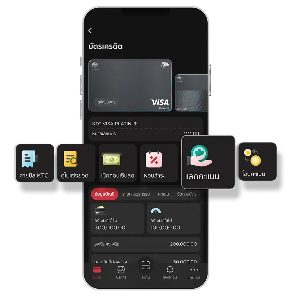 เลือกบัตร และเลือกเมนู <br>"แลกคะแนน" เลือกบัตร และเลือกเมนู <br>"แลกคะแนน"