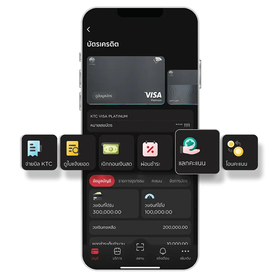 เลือกบัตร และเลือกเมนู <br>“แลกคะแนน” เลือกบัตร และเลือกเมนู <br>“แลกคะแนน”
